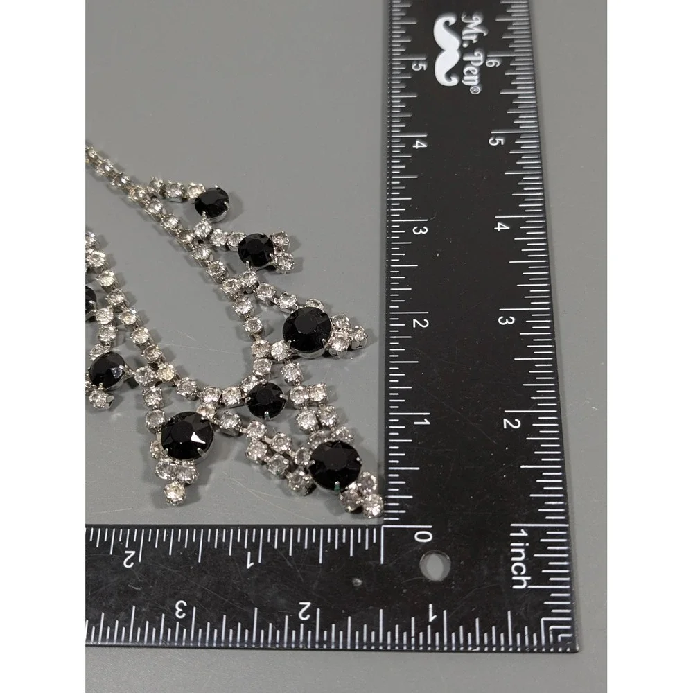 Vintage Black Clear Rhinestone Choker Necklace Silver‎ Tone Bib Statement 15